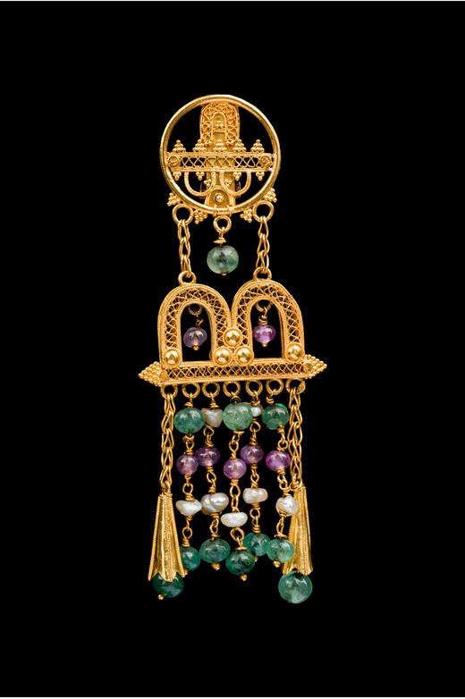 独角鹿西洋古董珠宝希腊18K金镶祖母绿粉色蓝宝石珍珠耳坠耳环 商品图3