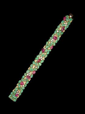 独角鹿西洋古董珠宝水果锦囊风18K黄金镶嵌祖母绿红宝石钻石手镯