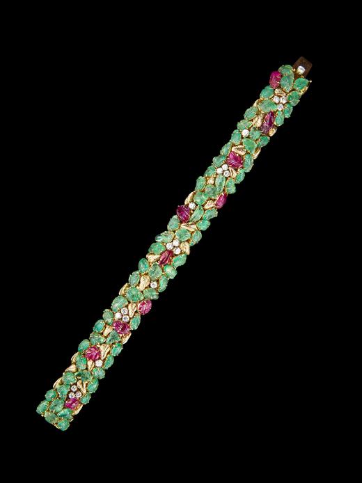 独角鹿西洋古董珠宝水果锦囊风18K黄金镶嵌祖母绿红宝石钻石手镯 商品图0