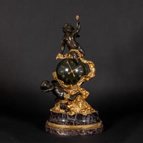 独角鹿西洋古董法国新古典风格铜鎏金小天使大理石底座座钟摆件