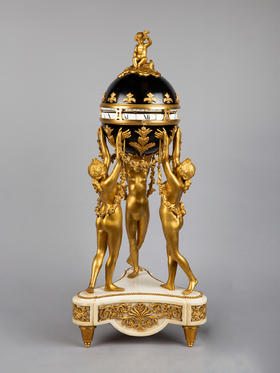 独角鹿西洋古董白色大理石铜鎏金美惠三女神托举水平旋转球形座钟