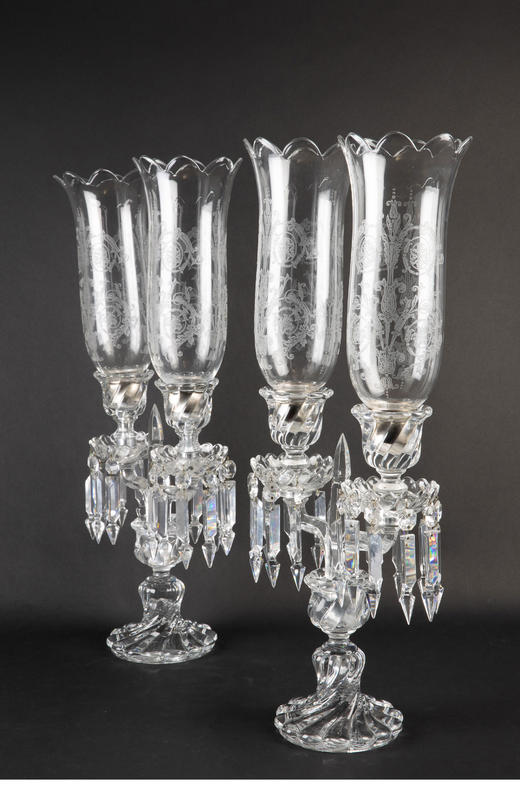 独角鹿西洋古董法国巴卡拉竹纹两枝头水晶烛台一对郁金香形灯罩 商品图1