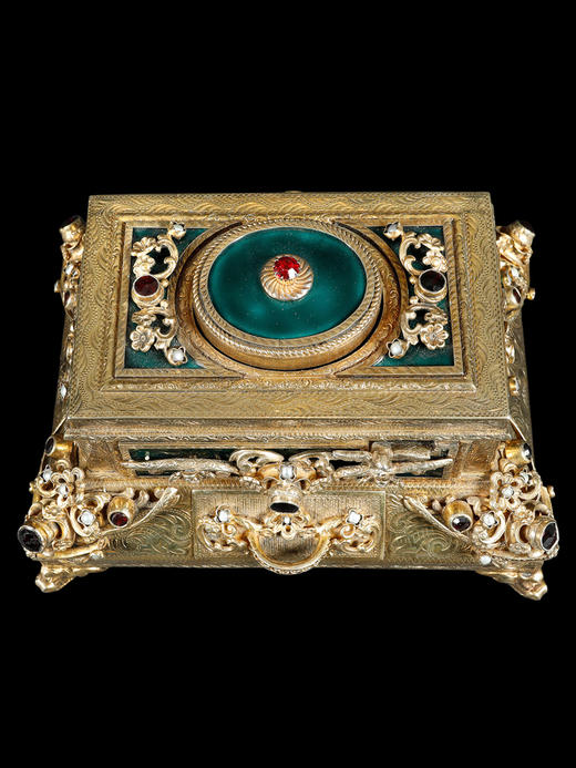 独角鹿西洋古董洛可可风格银鎏金镶珍珠半宝石绿珐琅鸣鸟八音盒 商品图2