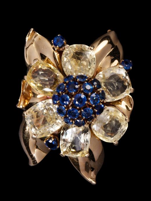 独角鹿西洋古董首饰法国珠宝世家花朵型18k黄金镶双色蓝宝石胸针 商品图4