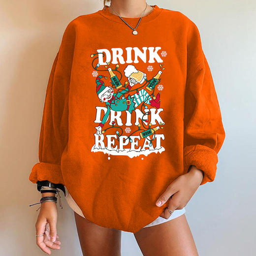 秋季新款女装落肩款卫衣圣诞节drink印花圆领套头落肩款卫衣 商品图0