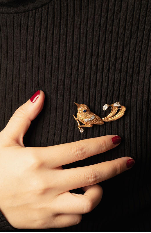 独角鹿西洋古董法国珠宝品牌18K金镶嵌钻石蓝宝石蜂鸟造型胸针 商品图1