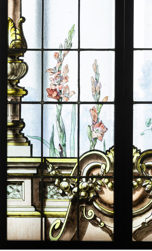 独角鹿西洋古董法国新艺术时期廊柱拱门花卉彩绘玻璃花窗一对 商品图3