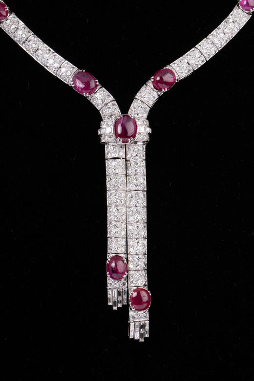 独角鹿西洋古董珠宝首饰法国铂金镶缅甸无烧红宝石钻石领带式项链 商品图3