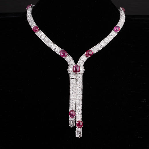 独角鹿西洋古董珠宝首饰法国铂金镶缅甸无烧红宝石钻石领带式项链 商品图4