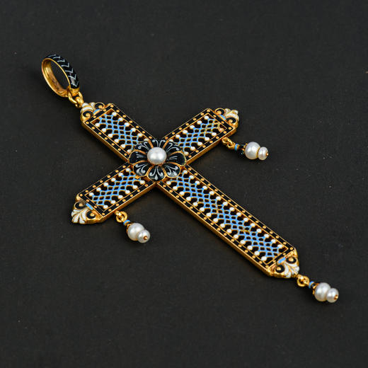 独角鹿西洋古董英国崇古风格14K金镂雕珐琅镶嵌珍珠十字架吊坠 商品图1