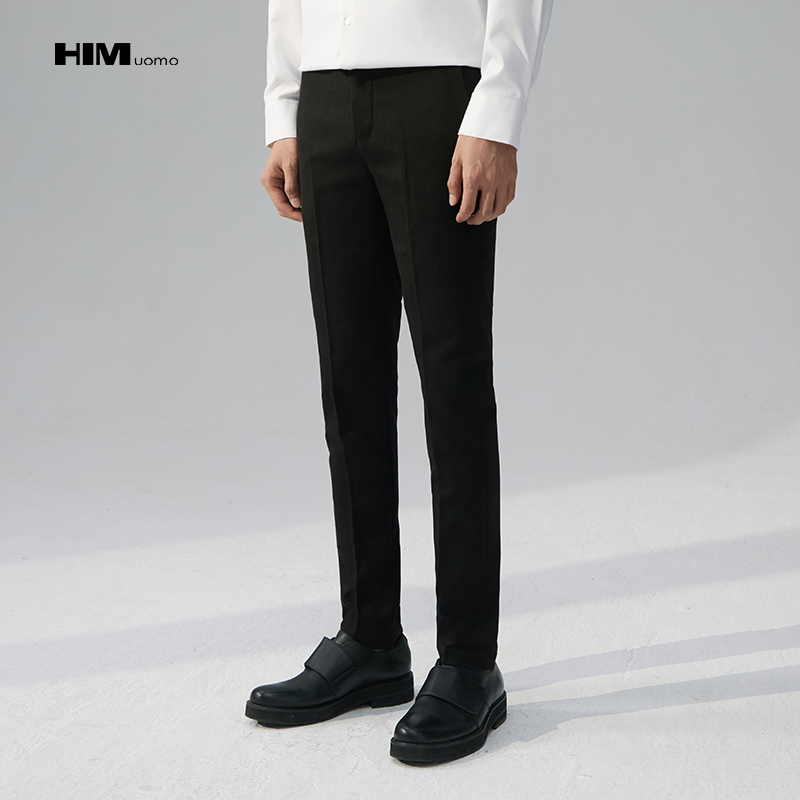 HIM漢崇  厚修身小脚商务正装西裤男黑色休闲直筒长裤 2024冬季