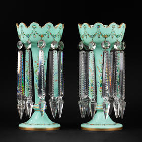 独角鹿西洋古董法国花卉描金浅绿松石色菠萝樽水晶流苏烛台一对