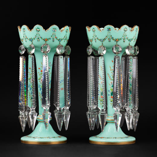 独角鹿西洋古董法国花卉描金浅绿松石色菠萝樽水晶流苏烛台一对 商品图0