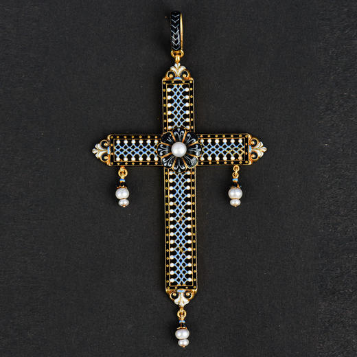 独角鹿西洋古董英国崇古风格14K金镂雕珐琅镶嵌珍珠十字架吊坠 商品图4