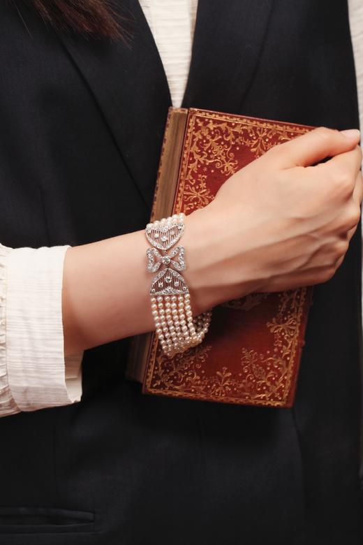 独角鹿西洋古董珠宝法国美好时代铂金镶嵌钻石六股天然珍珠手链 商品图2