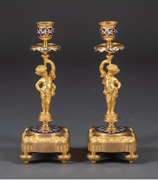 独角鹿西洋古董法国錾胎珐琅路易十六风格铜鎏金座镜烛台一对 商品图1