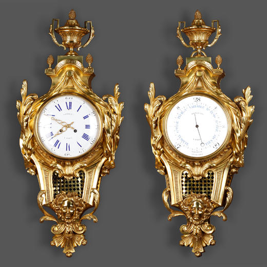 独角鹿西洋古董19世纪法国Raingo Frères铜鎏金挂钟气压计一对 商品图0