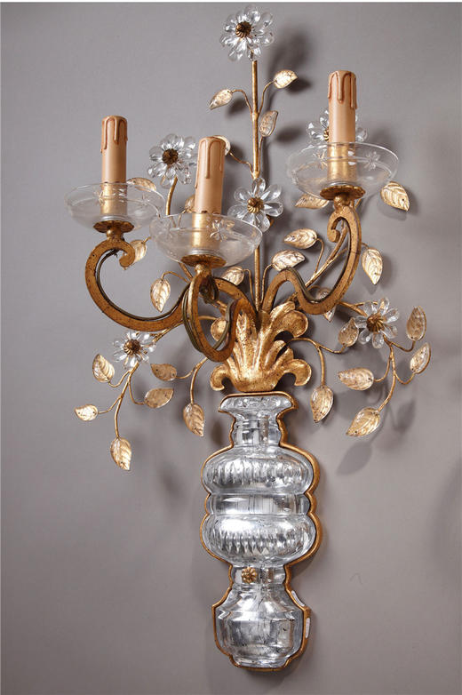 独角鹿西洋古董意大利BANCI工坊出品黄铜鎏金水晶壁挂烛台一对 商品图3