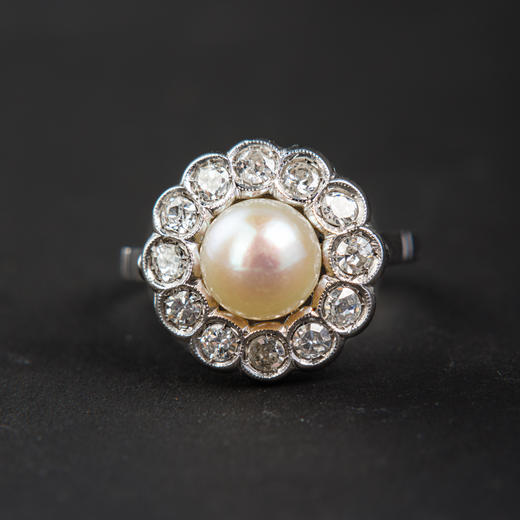 独角鹿西洋古董法国美好时代铂金镶嵌钻石天然珍珠玛格丽特款戒指 商品图0
