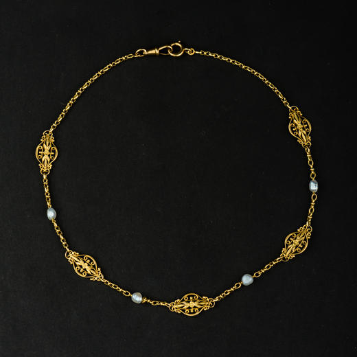 独角鹿西洋古董珠宝法国18K金镶嵌天然巴洛克珍珠giletière项链 商品图1