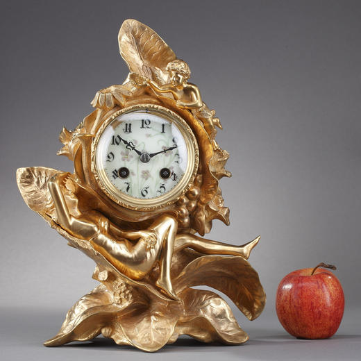 独角鹿西洋古董A.D. Mougin新艺术风铜鎏金底座圆形珐琅表盘座钟 商品图1