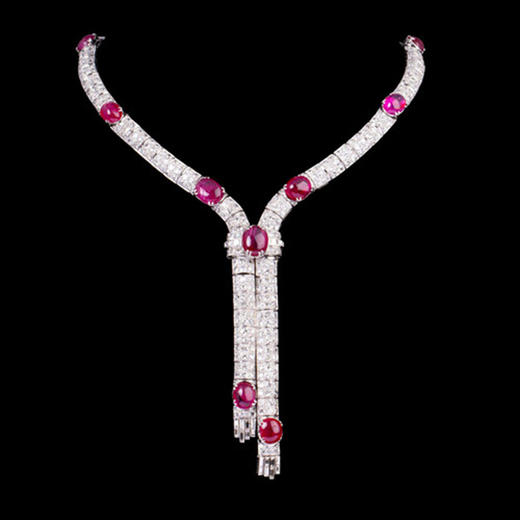 独角鹿西洋古董珠宝首饰法国铂金镶缅甸无烧红宝石钻石领带式项链 商品图0