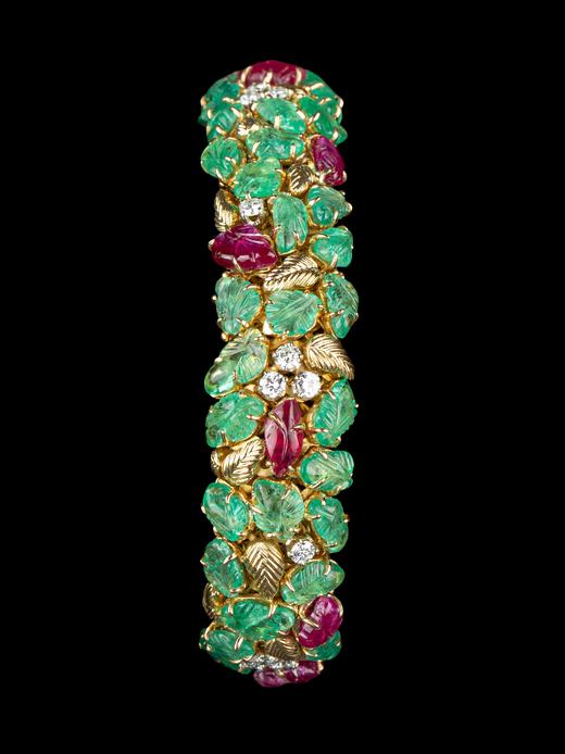 独角鹿西洋古董珠宝水果锦囊风18K黄金镶嵌祖母绿红宝石钻石手镯 商品图3