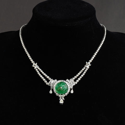 独角鹿西洋古董珠宝欧洲铂金镶嵌钻石哥伦比亚祖母绿公主型项链 商品图0