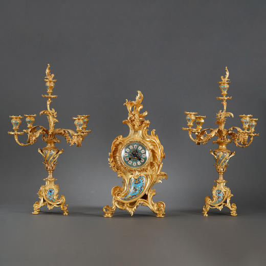 独角鹿西洋古董摆件洛可可风格铜鎏金雕饰珐琅座钟烛台三件套 商品图0