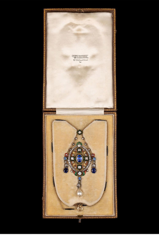 独角鹿西洋古董18K黄金镶嵌无烧蓝宝石钻石彩色珐琅珍珠流苏吊坠 商品图2