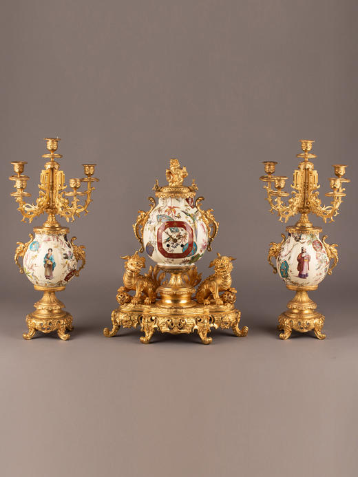 独角鹿西洋古董神兽造型铜鎏金嵌花鸟人物手绘陶瓷座钟烛台三件套 商品图0