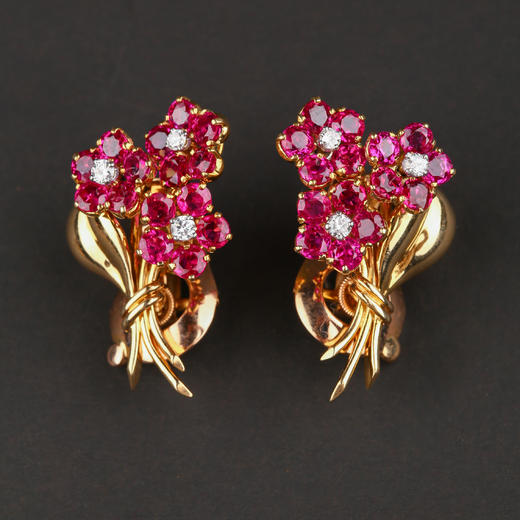 独角鹿西洋古董法国著名珠宝世家18K金镶钻石红宝石花束胸针耳环 商品图2