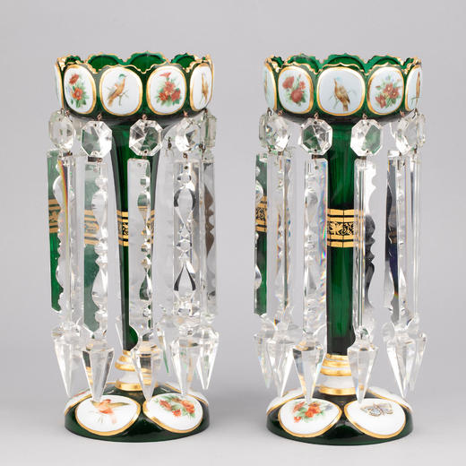 独角鹿西洋古董波西米亚花鸟主题彩绘描金菠萝樽水晶流苏烛台一对 商品图0