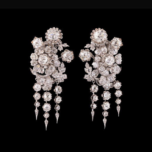 独角鹿西洋古董珠宝首饰18k白金纯银镶嵌钻石花卉流苏耳坠耳饰 商品图0