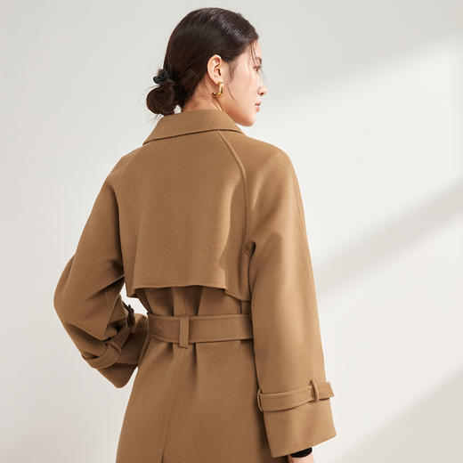 【中长款双排扣羊毛大衣】22年秋冬新品女士双面呢长袖大衣翻领腰带呢子气质优雅中长款毛呢大衣 商品图2