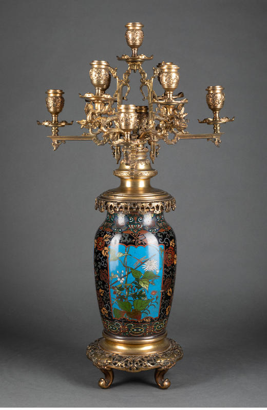 独角鹿西洋古董铜鎏金精雕嵌富贵花鸟掐丝珐琅花瓶多枝头烛台一对 商品图2