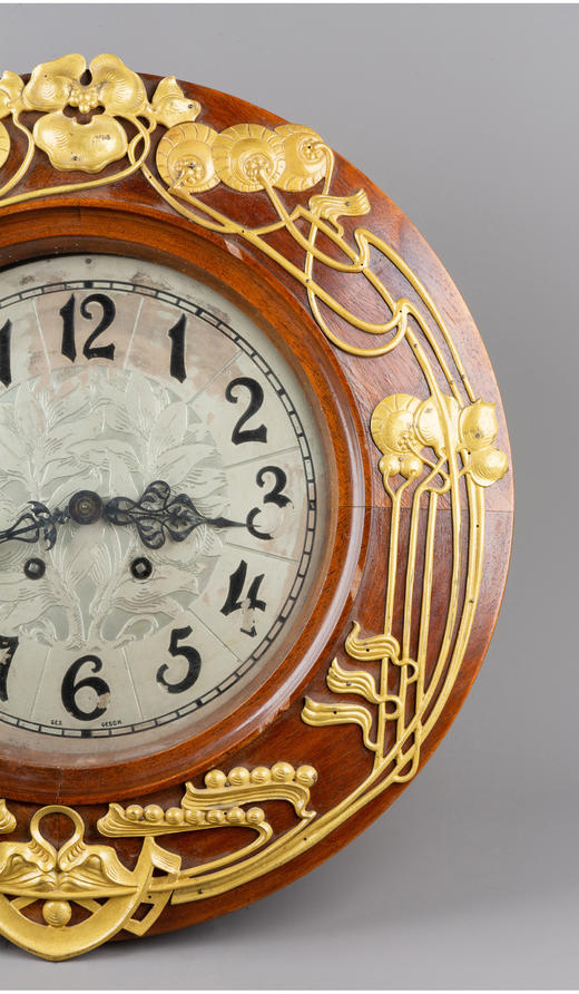 独角鹿西洋古董德国Lenzkirch新艺术风格花卉铜鎏金木质圆形挂钟 商品图3