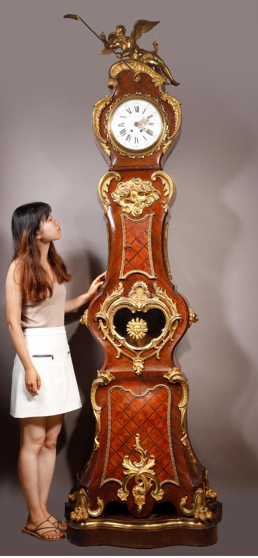 独角鹿西洋古董路易十五风时间之神柯罗诺斯铜鎏金细木镶嵌落地钟 商品图1