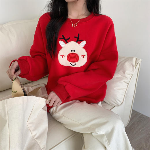 加绒卫衣宽松韩版慵懒风圣诞节喜庆可爱卡通少女显白刺绣 商品图0