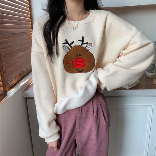 加绒卫衣宽松韩版慵懒风圣诞节喜庆可爱卡通少女显白刺绣 商品图3