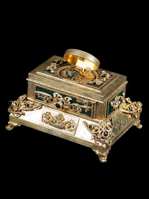 独角鹿西洋古董洛可可风格银鎏金镶珍珠半宝石绿珐琅鸣鸟八音盒 商品图4