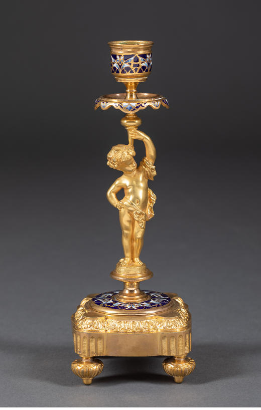 独角鹿西洋古董法国錾胎珐琅路易十六风格铜鎏金座镜烛台一对 商品图3