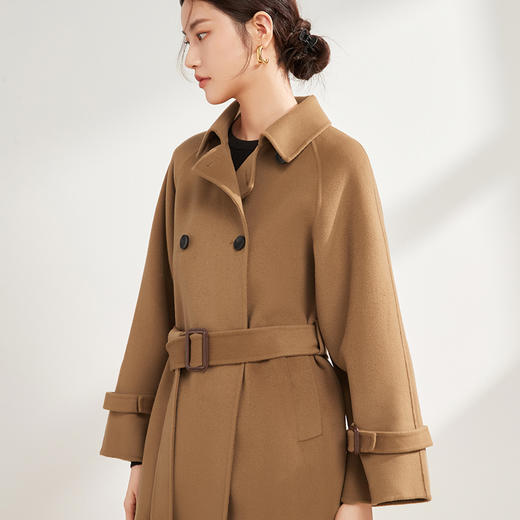 【中长款双排扣羊毛大衣】22年秋冬新品女士双面呢长袖大衣翻领腰带呢子气质优雅中长款毛呢大衣 商品图1