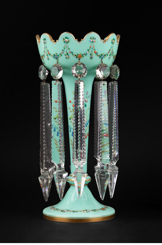独角鹿西洋古董法国花卉描金浅绿松石色菠萝樽水晶流苏烛台一对 商品图2