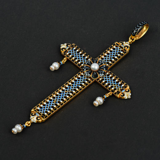 独角鹿西洋古董英国崇古风格14K金镂雕珐琅镶嵌珍珠十字架吊坠 商品图2