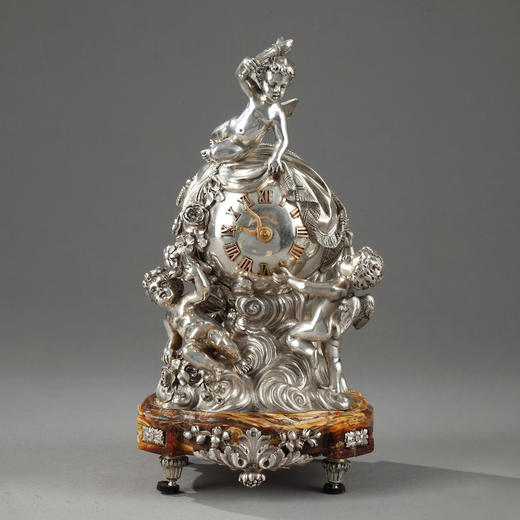 独角鹿西洋古董法国爱情天使神蛇造型指针银制雕塑座钟 商品图0