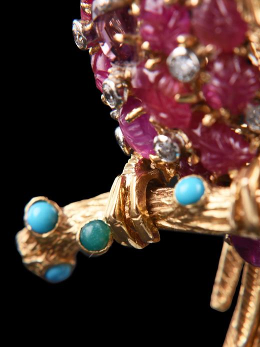 独角鹿西洋古董Marchak18K金镶红宝石祖母绿钻石绿松石鹦鹉胸针 商品图4