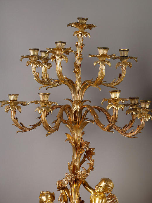 独角鹿西洋古董爱神丘比特与普绪克主题铜鎏金精雕多枝头烛台一对 商品图2