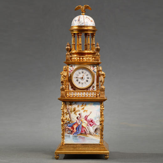 独角鹿西洋古董1870年奥地利出品铜鎏金珐琅瓷画座钟摆件 商品图0