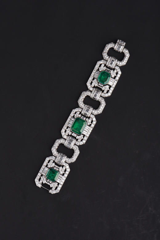 独角鹿西洋古董Mauboussin铂金镶嵌哥伦比亚祖母绿钻石宽手链手镯 商品图2
